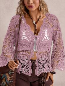 Freevana Áo khoác len cardigan tay dài khoét lỗ cổ chữ V buộc nơ phía trước cỡ lớn - Màu đỏ tím - Xem 1