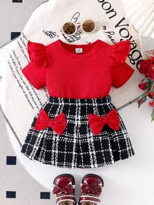 SHEIN Playful Pals 女婴针织短袖圆领T恤和百褶裙套装，时尚夏季女宝宝装扮 - 紅色 - 查看 3