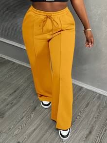 Slaydiva Women's Solid Color Pocket Drawstring Waist Casual Loose Sweatpants - Mustard Yellow - View 4