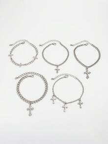 ROMWE Goth Bộ 5 vòng tay thánh giá Punk, phụ kiện kim loại Hip Hop cá nhân hóa dành cho nam, thích hợp đeo hàng ngày, dự tiệc và làm quà tặng ngày lễ - Bạc - Xem 2