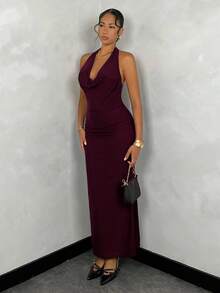 SHEIN BAE Đầm dự tiệc sang trọng cổ khoét sâu phối lưới màu trơn dành cho nữ, Đầm dài phong cách nghỉ dưỡng - Màu Tím - Xem 8