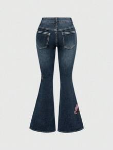 ROMWE Fairycore Jeans acampanados de mujer con bordado de mariposa y vid, con detalles de strass, en estilo retro Y2K - Azul - Ver 4