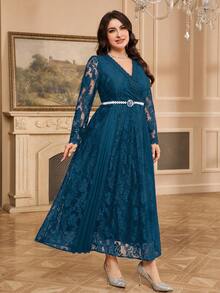 Modelyn Plus Size Solid Color Lace Patchwork V-Neck Elegant Long Sleeve Dress Fall - Teal Blue - View 5