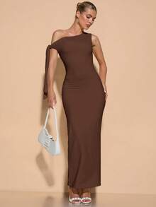 SHEIN BAE Women's Solid Color Asymmetric Shoulder Tie Ruched Elegant Slit Dress, Suitable For Graduation - Brown - View 4