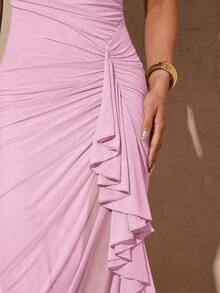 Silquee Baby Pink Plain Mesh Fabric Ladies Party Maxi Dress With Ruffle And Sleeveless Design Pink Wedding Guest Dress Pink Draped Dress Ruched Dress - Baby Pink - View 7