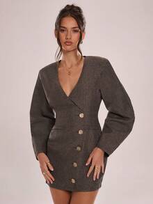 Avenya Vestido corto casual de uso diario/trabajo con cuello cruzado, mangas farol y botones metálicos delanteros para mujer, primavera/otoño - Café integral - Ver 4