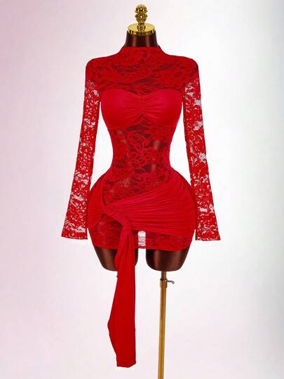 Amplova Blusa de encaje para mujer, vestido mini ajustado con dobladillo con cordón, estilo bohemio para fiesta, de color rojo transparente vintage