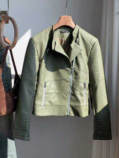 Comfortcana Chaqueta de motocicleta casual de mujer de invierno y otoño con cremallera y PU de color verde