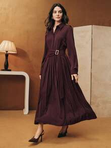 Anewsta 春秋新款紫红色母亲节休闲Polo领褶皱连衣裙，腰部系带，长袖女式长裙 - 棕色 - 查看 4