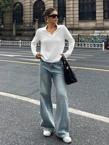 DAZY Camiseta de manga larga de punto estilo camisa informal y holgada con parches, adecuada para la oficina, el transporte y la primavera y el otoño - Blanco - Ver 6