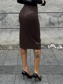 DAZY Gonna casual ed elegante in pelle PU con spacco, stile Y2K per donna - Castano - Visualizzare 5