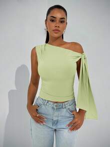 SHEIN BAE 优雅女士不对称领口系带露肩上衣，适合日常约会、外出、夜店、派对等场合。 - 青檸色 - 查看 4