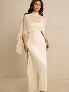 Poéselle 女士优雅长款连衣裙，配披肩设计 - 杏色 - 查看 6