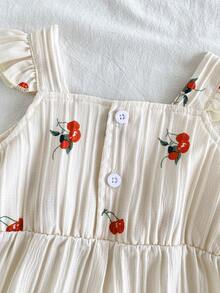 SHEIN Vintaside Kids Baby Girls' Casual Minimalist Cherry Print Ruffle Strap Romper, Beige, Suitable For Everyday Wear, Outdoor, Photography, Spring/Summer