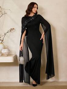 Al Najma Damen Silber Folie Schal Kragen Meerjungfrau Kleid, elegant für Bankette und Partys