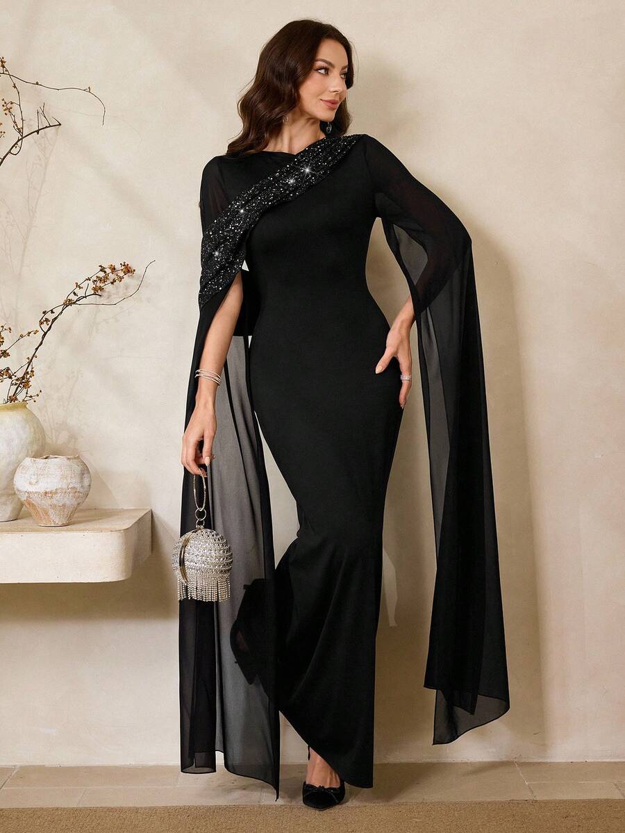 Al Najma Damen Silber Folie Schal Kragen Meerjungfrau Kleid, elegant für Bankette und Partys