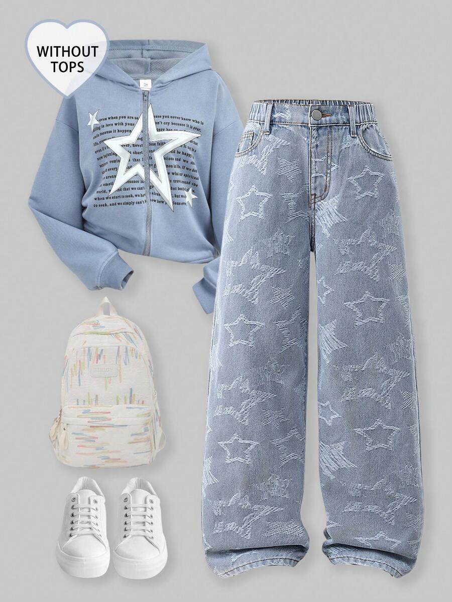 SHEIN ChillGRL 酷炫女孩休闲迷彩牛仔裤 - 淺色水洗藍 - 查看 1