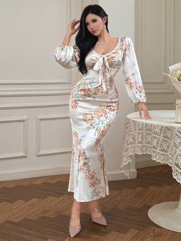 Women's Allover Floral Print Wrap Long Sleeve Dress, Holiday & Vacation Beach, Spring/Summer Dress