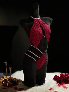 SpicyHot Bộ đồ liền thân hở lưng ren và ruy băng kim loại gợi cảm - Màu Đỏ Sâu - Xem 6