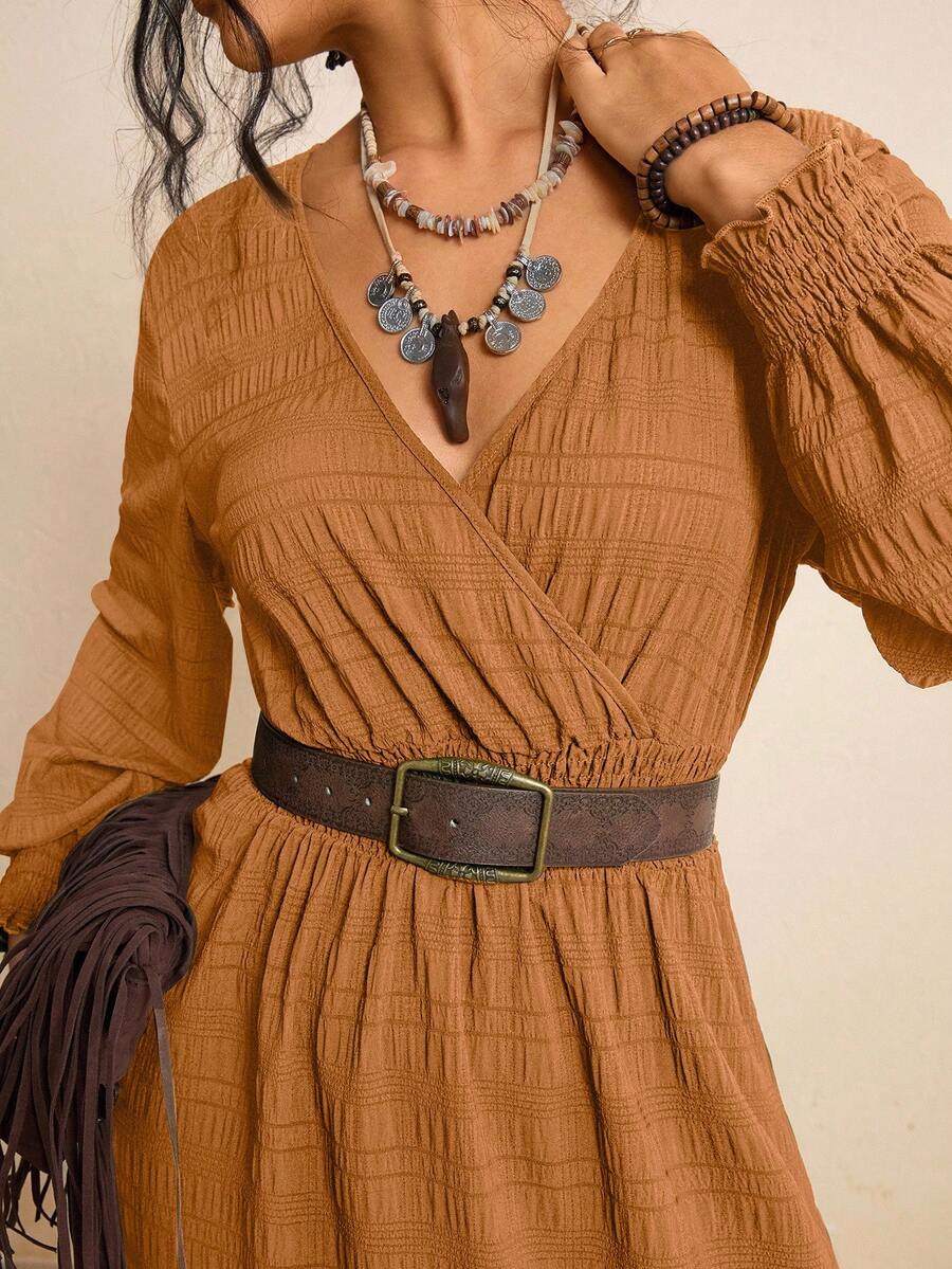 Freevana Plus Size Fall Clothes All Over Print Shirred Leopard Long Sleeve Dress/Fall Dresses/Fall Women Outfits Fall Wedding Guest Dress Elegant Women Dresses Business Casual Woman Work Dress Business Dress - Brown - View 1