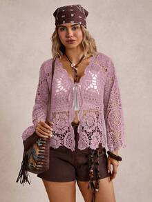 Freevana Áo khoác len cardigan tay dài khoét lỗ cổ chữ V buộc nơ phía trước cỡ lớn - Màu đỏ tím - Xem 4