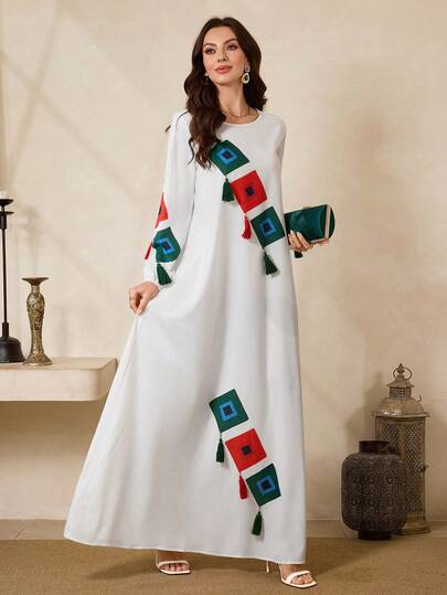 Al Najma Women's Round Neck Long Sleeve Loose Fit Vintage Arabic Style Dress With Tassel Decor
