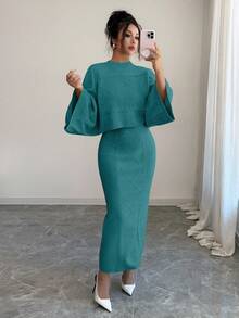 Elenzga Yellow Long Sleeve Top And Straight Skirt 2 Pieces Set, Elegant For Party And Commute, Autumn/Winter - Teal Blue - View 3