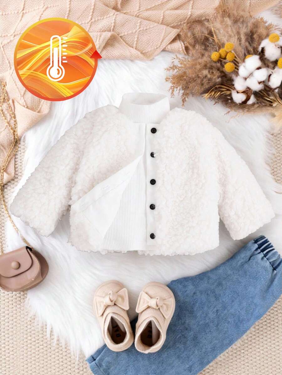 SHEIN Vintaside Kids 女婴冬季时尚休闲街头深棕色长袖毛绒外套,适合街拍和聚会 - 白色 - 查看 1