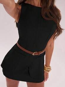 SHEIN BAE Elegant Solid Color Fitted Vest And Short Skirt Suit, Suitable For Daily Commute In Fall/Winter - Black - View 1