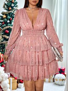Roveilla Plus Size Pleated Chiffon V-Neck Multi-Layer Cake Dress, Party Wear, Autumn/Winter Dresses Sweetra Dress Dreamskyne Dress Glamrae Dress Party Glittery Party Dress Pink Glitter Dress Shimmer Mini Dress Tiered Metallic Dress Slay Diva Dress Long Sleeve Elegant Dress Celestial Dress Pink Dress - Dusty Pink - View 5