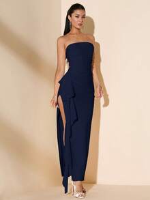 SHEIN BAE Váy phù dâu cưới mùa hè, váy dài quấn màu trắng xếp ly hở lưng gợi cảm không tay xẻ cao dành cho nữ - Màu xanh hải quân - Xem 5