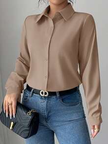 Elenzga 1pc Women's Solid Color Front Button Long Sleeve Elegant Blouse