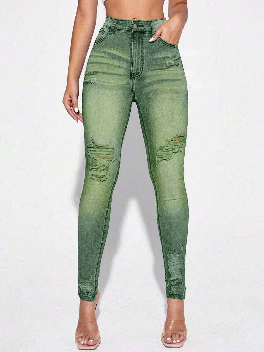 Jeanoix Quần Jeans Denim Cạp Cao Có Túi, Kiểu Dáng Ôm, Thường Ngày, Đa Năng Cho Nữ - màu xanh lá - Xem 1
