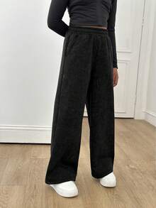 SHEIN Sparklyn 少女休闲百搭街头风口袋宽松阔腿弹力腰水洗雪绒运动裤 - 黑色 - 查看 6