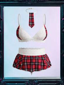 Fantasy Costume Plus Size Women Sexy Lace Patchwork Plaid 4-Piece Lingerie Set - Multicolor - View 2