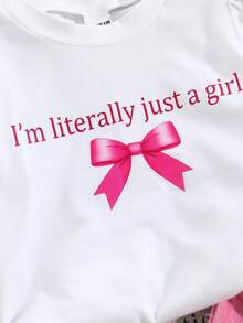 SHEIN 女婴短袖蝴蝶结可爱牛仔两件套，夏季牛仔蝴蝶结刺绣短裤和T恤套装 - 白色 - 查看 3