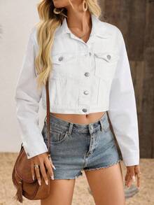 SHEIN Teen GirlWhite Denim Lapel Long Sleeve Cropped Jacket