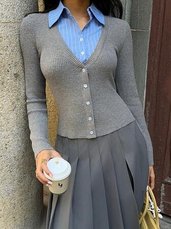 MainGRL Collegiate Striped Patchwork Knit  2 In 1 Top Sweater For Women,Autume Winter Outfit For Women,Going Out Outfits,New Year Women,Sweaters For Women