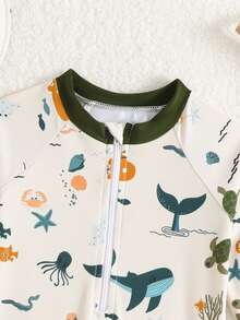 SHEIN 婴儿/男童鲸鱼印花长袖防晒泳衣，带宽檐泳帽 - 彩色 - 查看 3