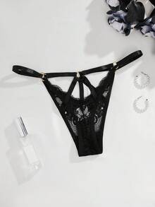 Floral Lace Ring Linked Cut-Out G-String Sexy Lingerie - Black - View 2