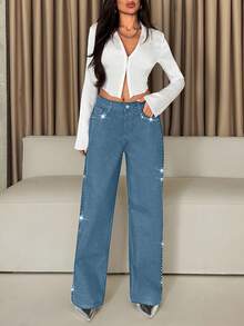 Low Waist Stud Detailed Straight Jean - Light Wash - View 6