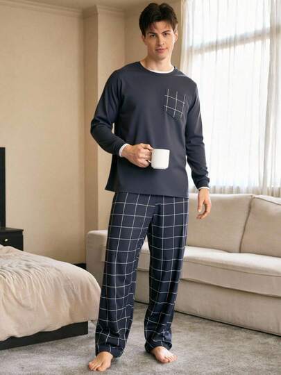 Conjunto de pijama casual para hombre, camisa de manga larga y pantalón, estampado de cuadros.