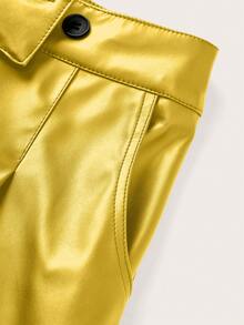 Franclia Women's Casual Fashion Street Chic Solid Color PU Leather Overlap Waist Fold Pleated Shorts - Mustard Yellow - View 6