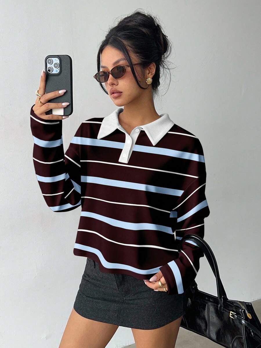 Aloruh Women's Autumn/Winter Striped Polo Sweatshirt, 2 In 1 Burgundy Contrast Stripe Collegiate Style Retro Y2K Pullover Sweatshirt, Striped Polo Sweatshirt, Collegiate Style, Retro Style, Suitable For Dates, Street Photography - Multicolor - View 1