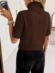 Siren Gaze Damen einfarbiger, vielseitiger Rollkragen-Kurzarm-Strickpullover für Herbst/Winter - Kaffeebraun - Übersicht 2