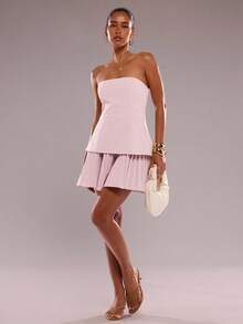 SHEIN BAE 女士纯色层叠荷叶边无袖连衣裙 - 淺粉色 - 查看 3