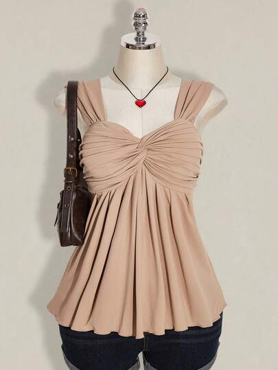 SHEIN ICON 大码女式黑色扭结前襟无袖娃娃衫针织上衣，Y2K风格，适合毕业典礼、返校季、夏季穿着