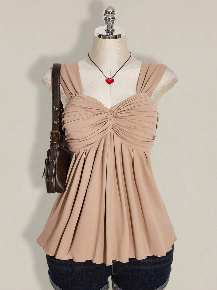 SHEIN ICON 大码女式黑色扭结前襟无袖娃娃衫针织上衣,Y2K风格,适合毕业典礼、返校季、夏季穿着 - 卡其色 - 查看 1