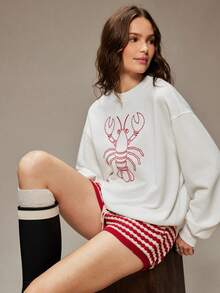 WESTFADE Crewneck Lobster Embroidered Long Sleeve Relaxed Cotton Blend French Terry Sweatshirt Fall, Autumn, Winter, Casual Cute, Boho, Resort - White - View 1