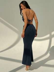 Aloruh Đầm hở lưng họa tiết vòng tròn màu trơn dành cho nữ - Màu xanh hải quân - Xem 2